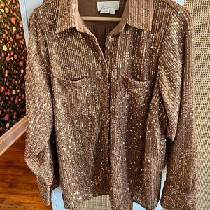 Anthropologie Brown / Gold Sequin Button-Up Shirt